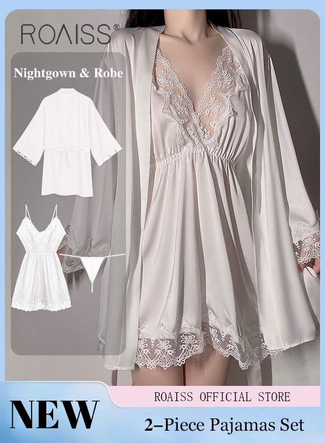 2-Piece Set of Women Pajamas with V-Neck Design Women Home Wear Set Same Color Outer Robe and Lace Element Nightgown