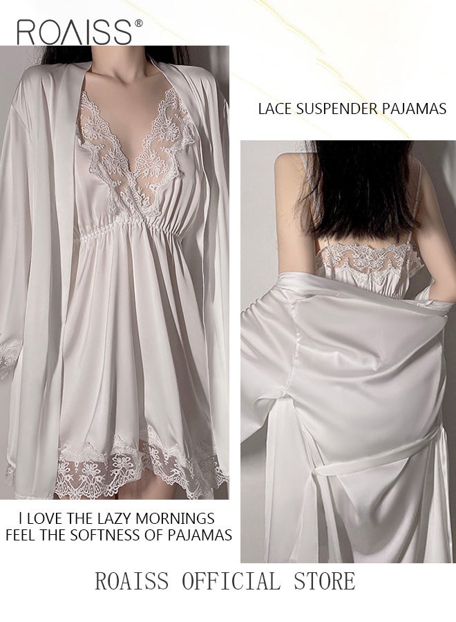 2-Piece Set of Women Pajamas with V-Neck Design Women Home Wear Set Same Color Outer Robe and Lace Element Nightgown