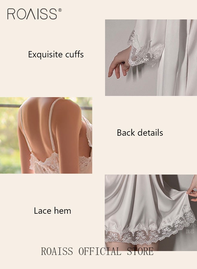 2-Piece Set of Women Pajamas with V-Neck Design Women Home Wear Set Same Color Outer Robe and Lace Element Nightgown