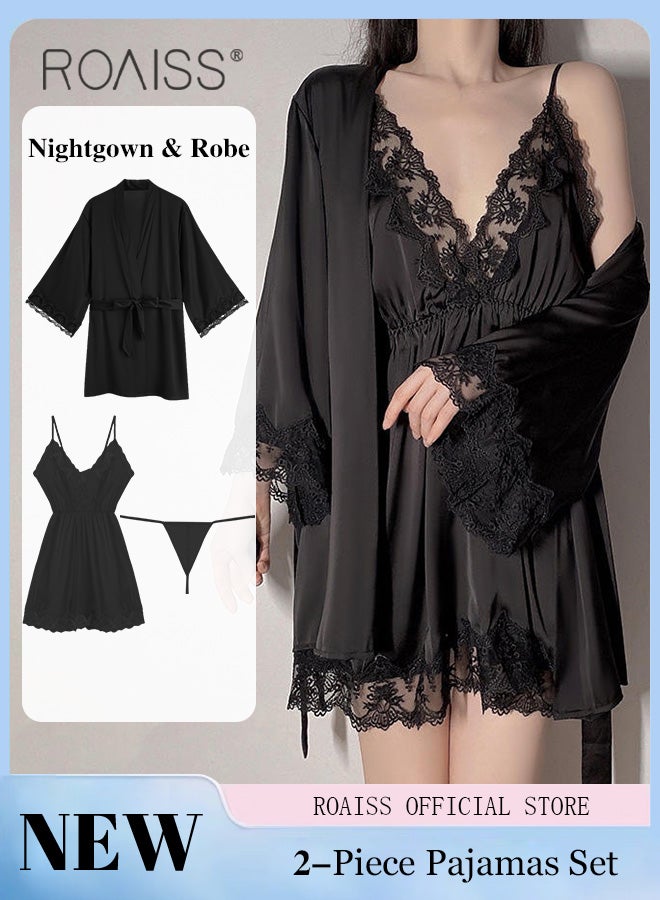 2-Piece Set of Women Pajamas with V-Neck Design Women Home Wear Set Same Color Outer Robe and Lace Element Nightgown