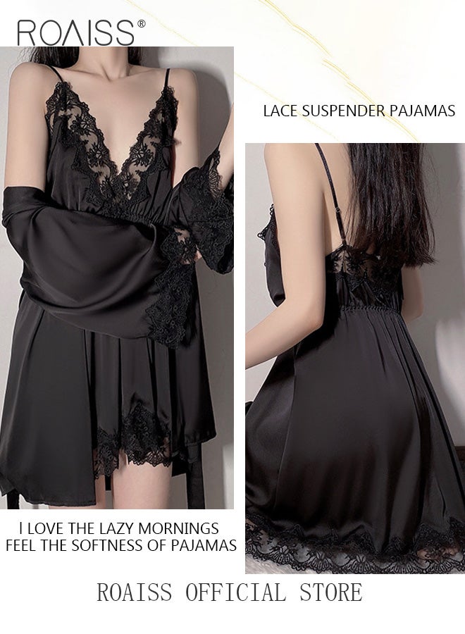2-Piece Set of Women Pajamas with V-Neck Design Women Home Wear Set Same Color Outer Robe and Lace Element Nightgown