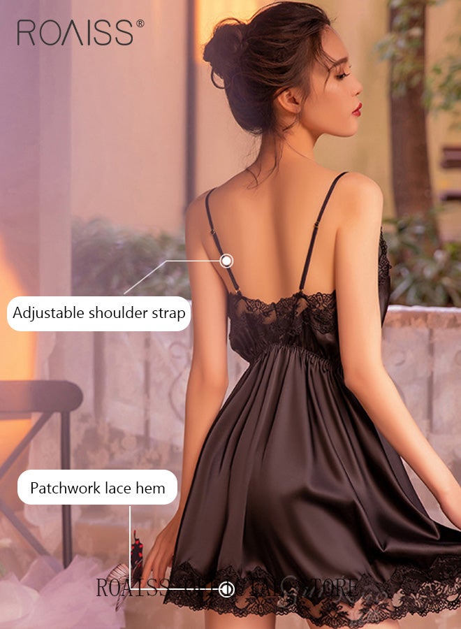 2-Piece Set of Women Pajamas with V-Neck Design Women Home Wear Set Same Color Outer Robe and Lace Element Nightgown