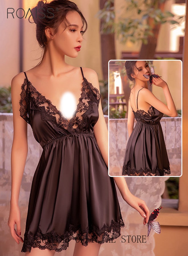 2-Piece Set of Women Pajamas with V-Neck Design Women Home Wear Set Same Color Outer Robe and Lace Element Nightgown