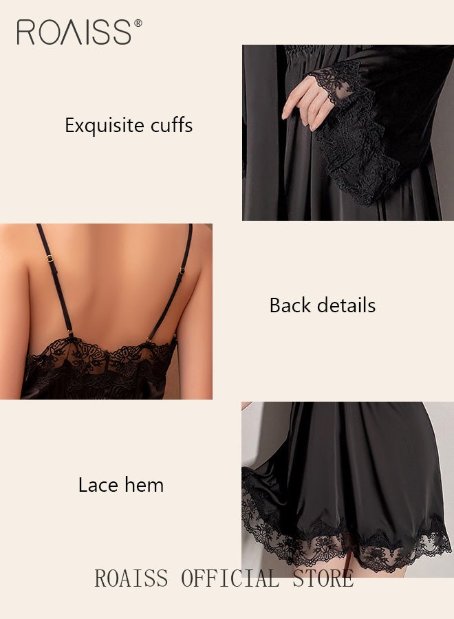 2-Piece Set of Women Pajamas with V-Neck Design Women Home Wear Set Same Color Outer Robe and Lace Element Nightgown