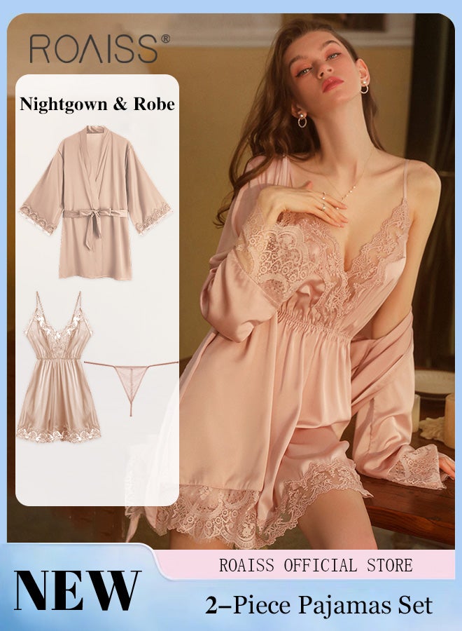 2-Piece Set of Women Pajamas with V-Neck Design Women Home Wear Set Same Color Outer Robe and Lace Element Nightgown