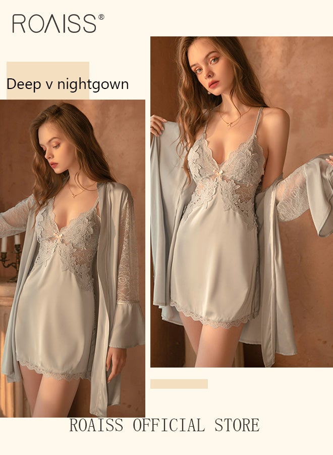 2-Piece Set of Women Pajamas with V-Neck Design Women Home Wear Set Same Color Outer Robe and Lace Element Nightgown