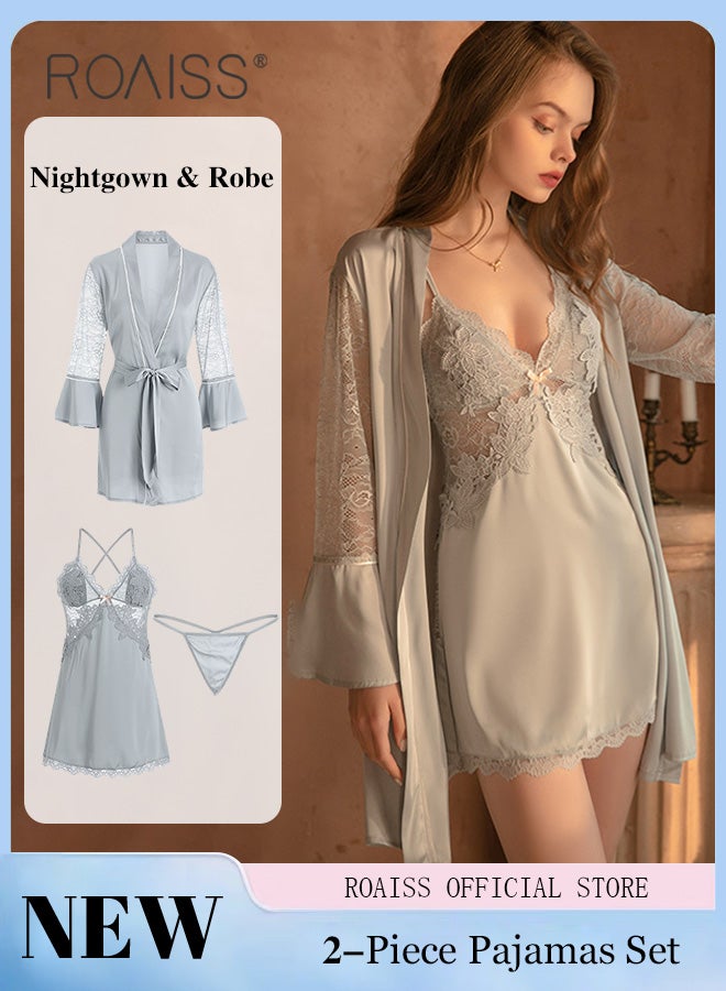 2-Piece Set of Women Pajamas with V-Neck Design Women Home Wear Set Same Color Outer Robe and Lace Element Nightgown