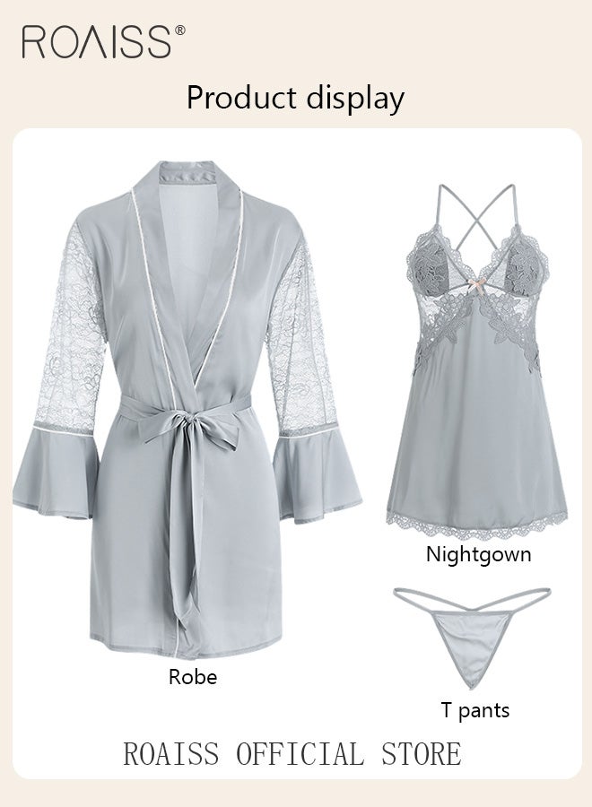 2-Piece Set of Women Pajamas with V-Neck Design Women Home Wear Set Same Color Outer Robe and Lace Element Nightgown