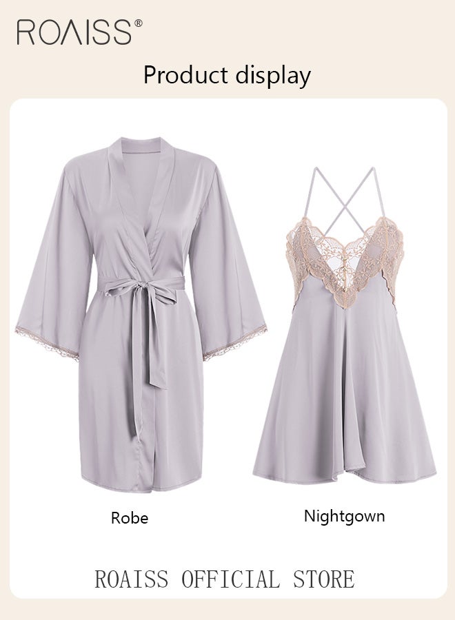 2-Piece Set of Women Pajamas with V-Neck Design Women Home Wear Set Same Color Outer Robe and Lace Element Nightgown