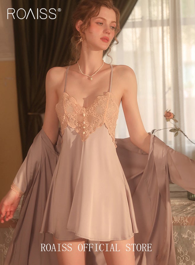 2-Piece Set of Women Pajamas with V-Neck Design Women Home Wear Set Same Color Outer Robe and Lace Element Nightgown