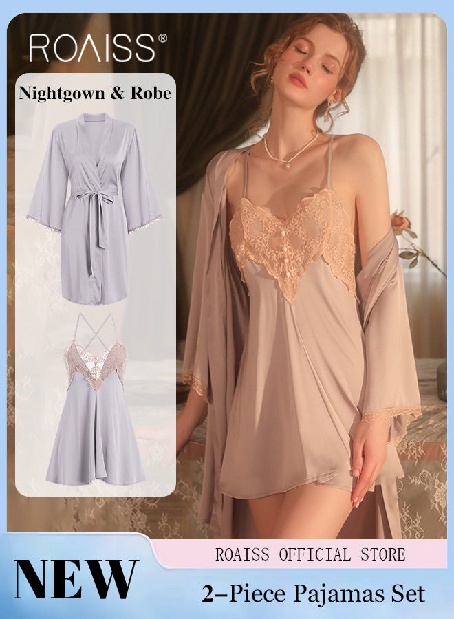 2-Piece Set of Women Pajamas with V-Neck Design Women Home Wear Set Same Color Outer Robe and Lace Element Nightgown