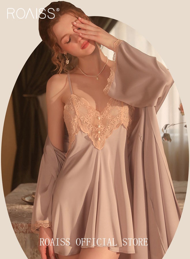 2-Piece Set of Women Pajamas with V-Neck Design Women Home Wear Set Same Color Outer Robe and Lace Element Nightgown