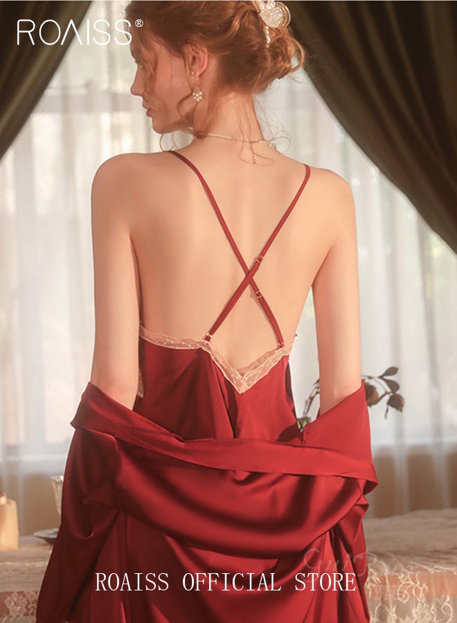 2-Piece Set of Women Pajamas with V-Neck Design Women Home Wear Set Same Color Outer Robe and Lace Element Nightgown