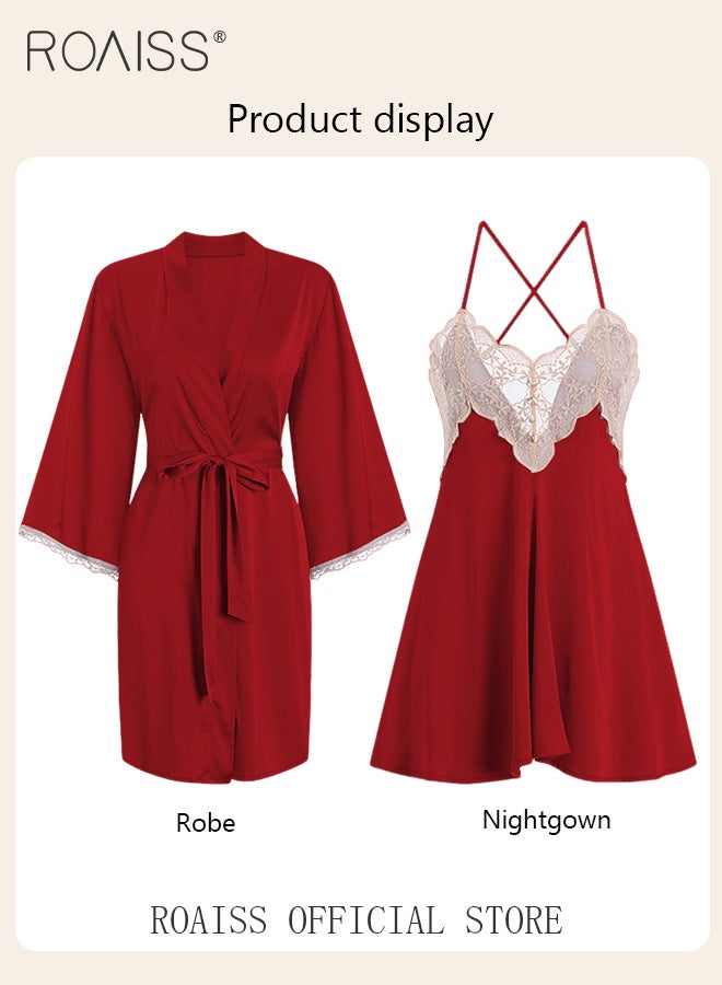 2-Piece Set of Women Pajamas with V-Neck Design Women Home Wear Set Same Color Outer Robe and Lace Element Nightgown