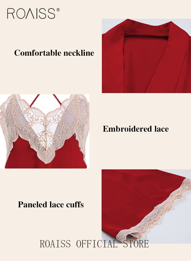 2-Piece Set of Women Pajamas with V-Neck Design Women Home Wear Set Same Color Outer Robe and Lace Element Nightgown