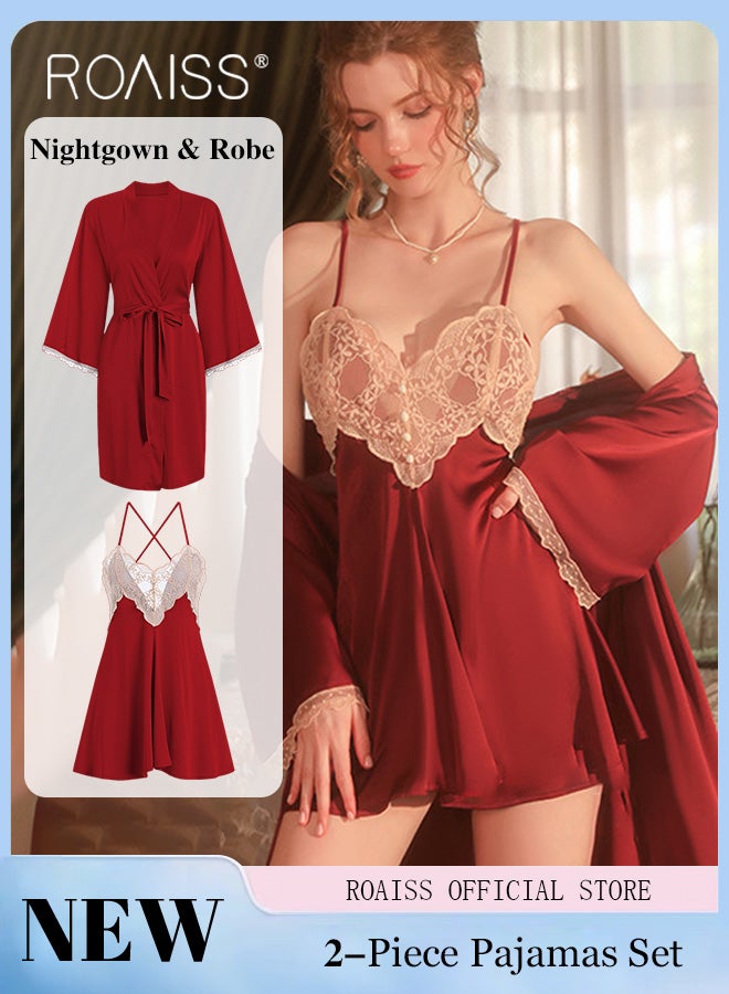 2-Piece Set of Women Pajamas with V-Neck Design Women Home Wear Set Same Color Outer Robe and Lace Element Nightgown