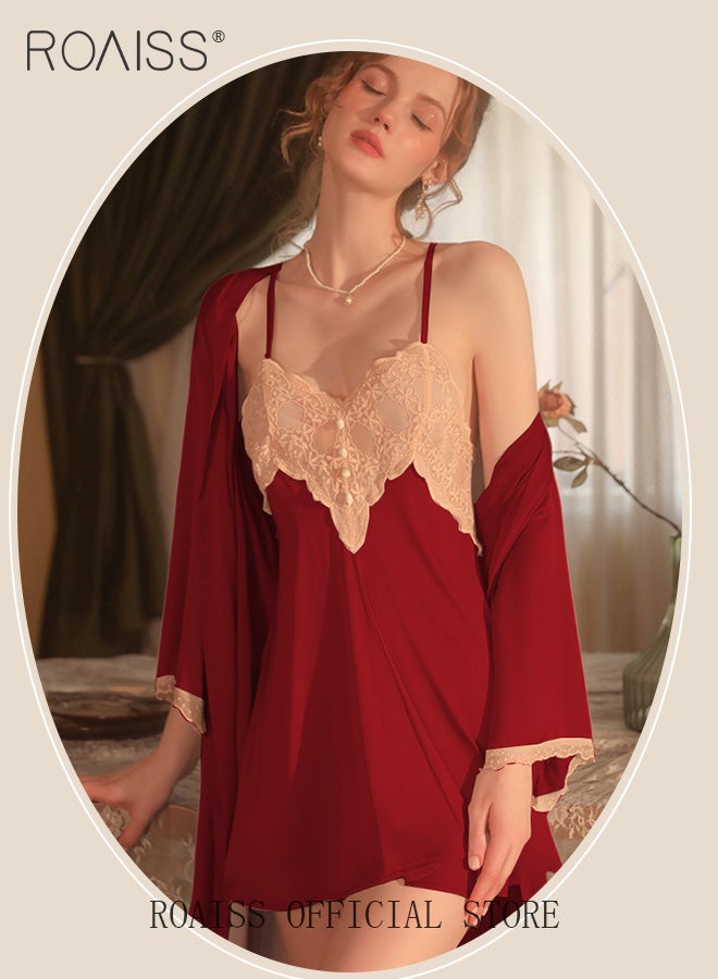 2-Piece Set of Women Pajamas with V-Neck Design Women Home Wear Set Same Color Outer Robe and Lace Element Nightgown