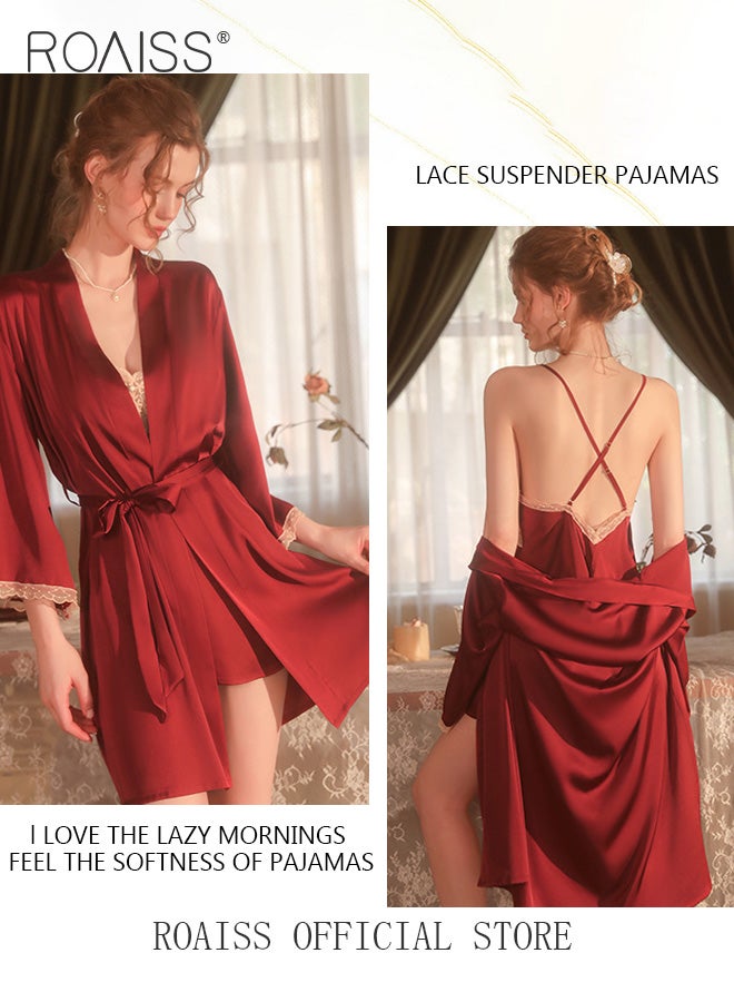 2-Piece Set of Women Pajamas with V-Neck Design Women Home Wear Set Same Color Outer Robe and Lace Element Nightgown