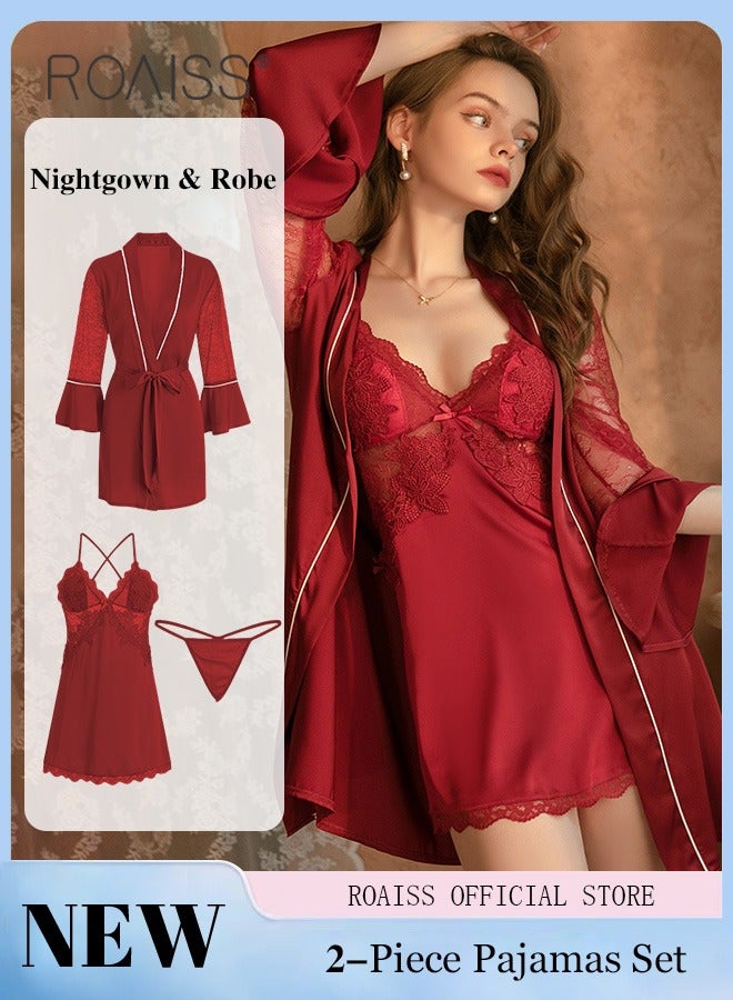 2-Piece Set of Women Pajamas with V-Neck Design Women Home Wear Set Same Color Outer Robe and Lace Element Nightgown