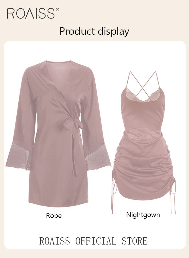 2-Piece Set of Women Pajamas with V-Neck Design Women Home Wear Set Same Color Outer Robe and Lace Element Nightgown