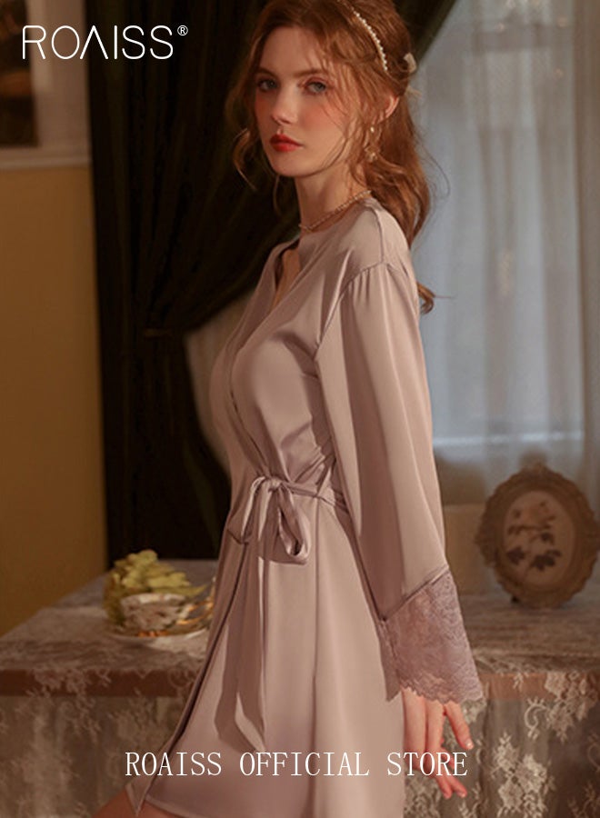 2-Piece Set of Women Pajamas with V-Neck Design Women Home Wear Set Same Color Outer Robe and Lace Element Nightgown