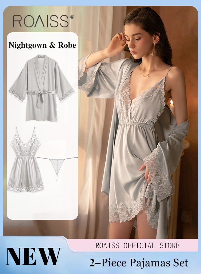 2-Piece Set of Women Pajamas with V-Neck Design Women Home Wear Set Same Color Outer Robe and Lace Element Nightgown