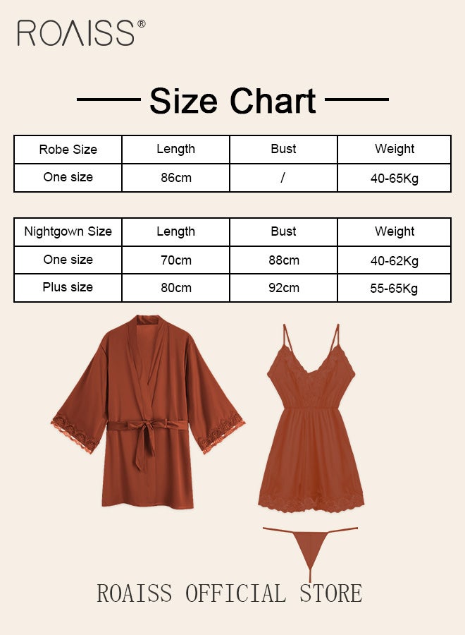 2-Piece Set of Women Pajamas with V-Neck Design Women Home Wear Set Same Color Outer Robe and Lace Element Nightgown