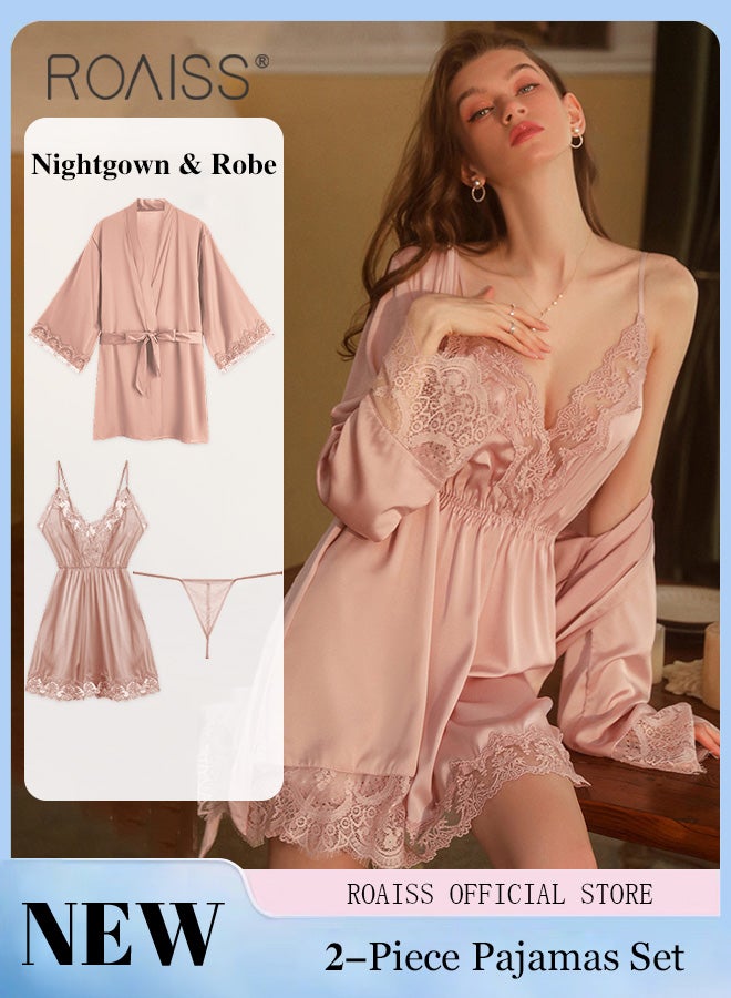 2-Piece Set of Women Pajamas with V-Neck Design Women Home Wear Set Same Color Outer Robe and Lace Element Nightgown