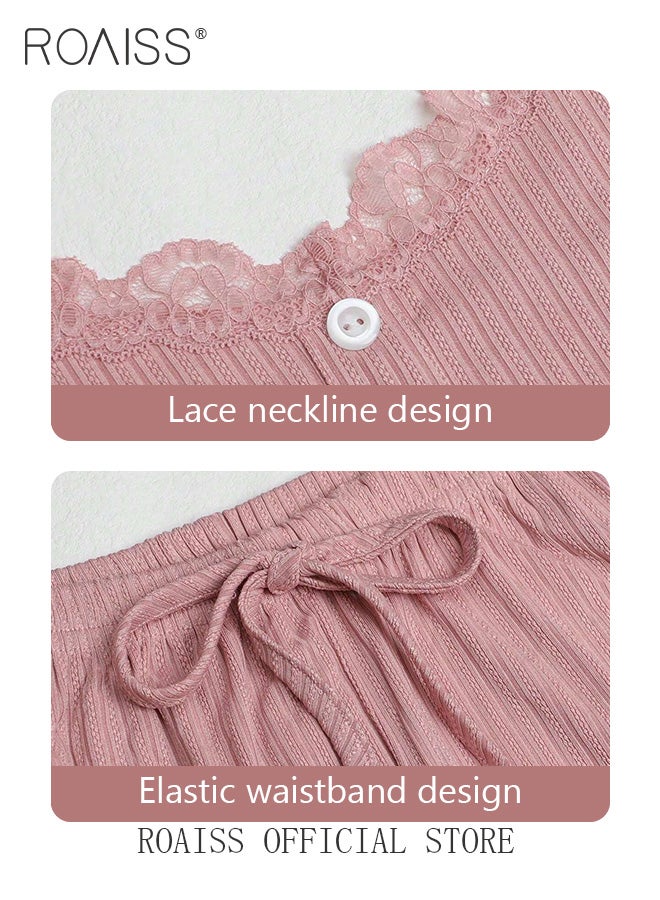 2 Piece Set Women Loungewear Ladies Lace Solid Color Pajama Set Casual Suspender Shorts for Comfortable Home Wear