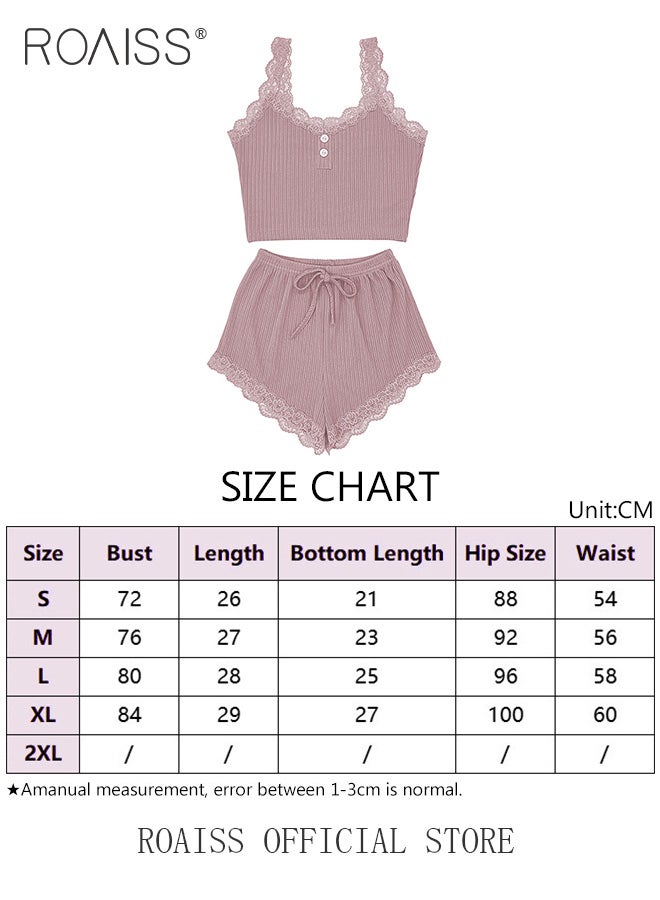 2 Piece Set Women Loungewear Ladies Lace Solid Color Pajama Set Casual Suspender Shorts for Comfortable Home Wear