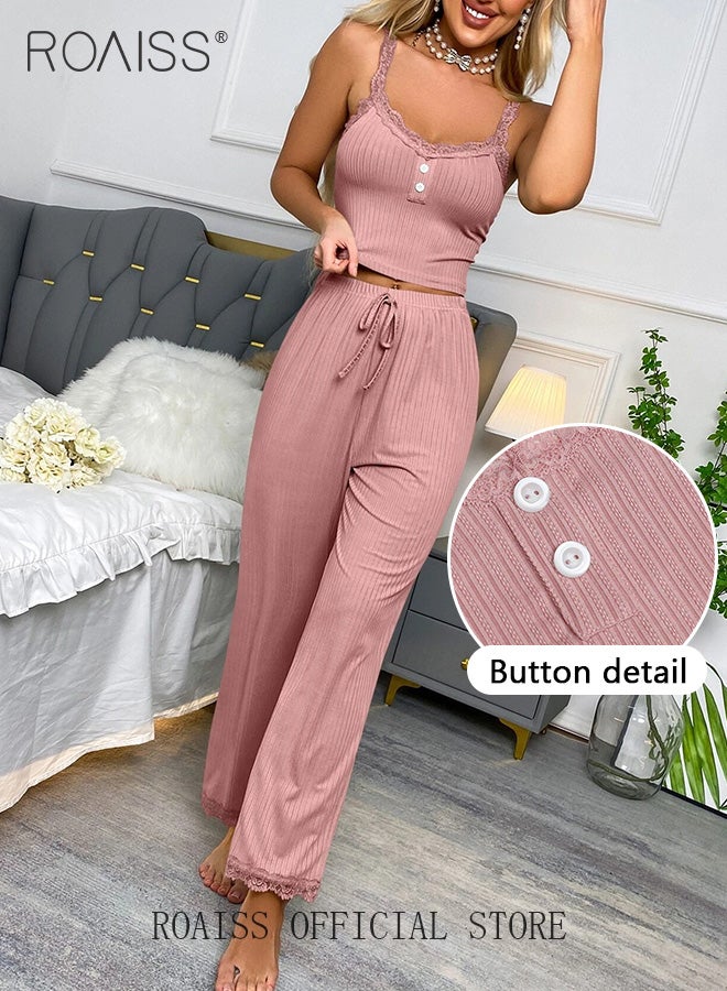 2 Piece Set Women Loungewear Ladies Lace Solid Color Pajama Set Casual Suspender Long Pants for Comfortable Home Wear