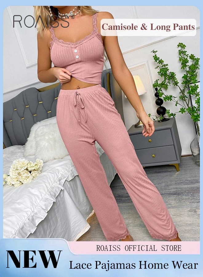 2 Piece Set Women Loungewear Ladies Lace Solid Color Pajama Set Casual Suspender Long Pants for Comfortable Home Wear