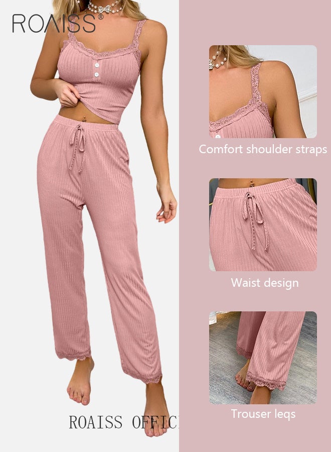 2 Piece Set Women Loungewear Ladies Lace Solid Color Pajama Set Casual Suspender Long Pants for Comfortable Home Wear