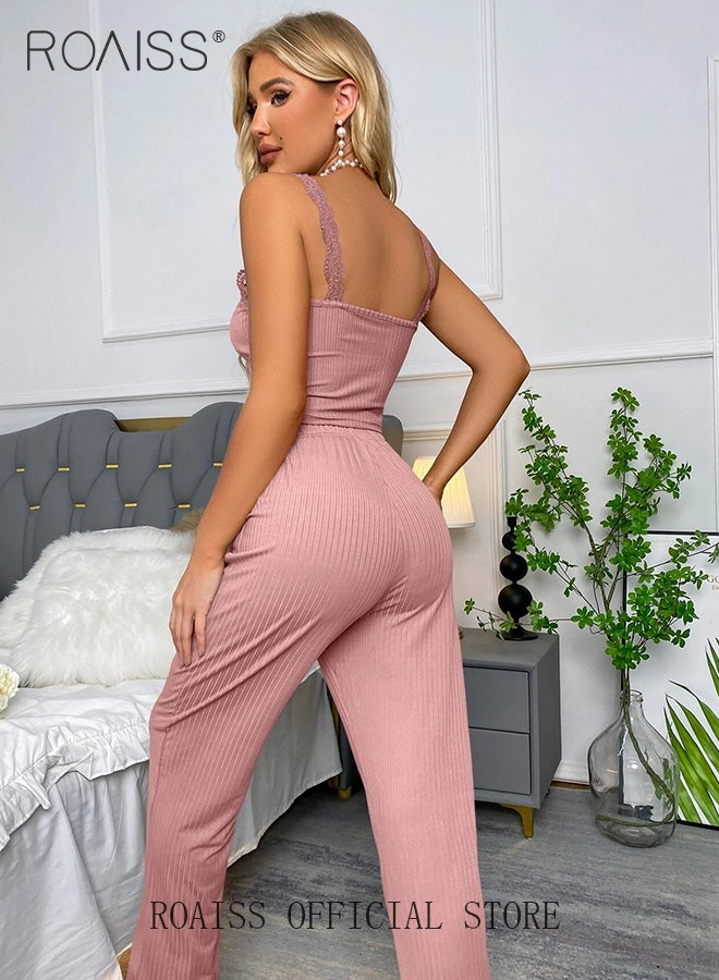 2 Piece Set Women Loungewear Ladies Lace Solid Color Pajama Set Casual Suspender Long Pants for Comfortable Home Wear