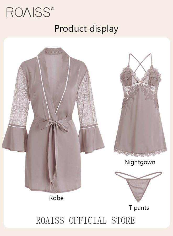 2-Piece Set of Women Pajamas with V-Neck Design Women Home Wear Set Same Color Outer Robe and Lace Element Nightgown