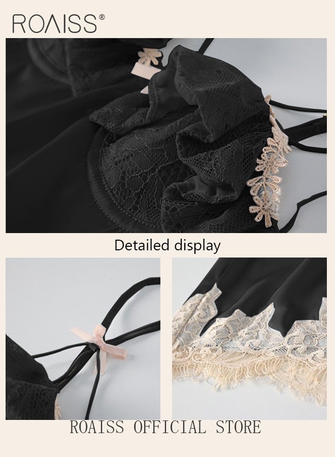 2-Piece Set of Women Pajamas with V-Neck Design Women Home Wear Set Same Color Outer Robe and Lace Element Nightgown