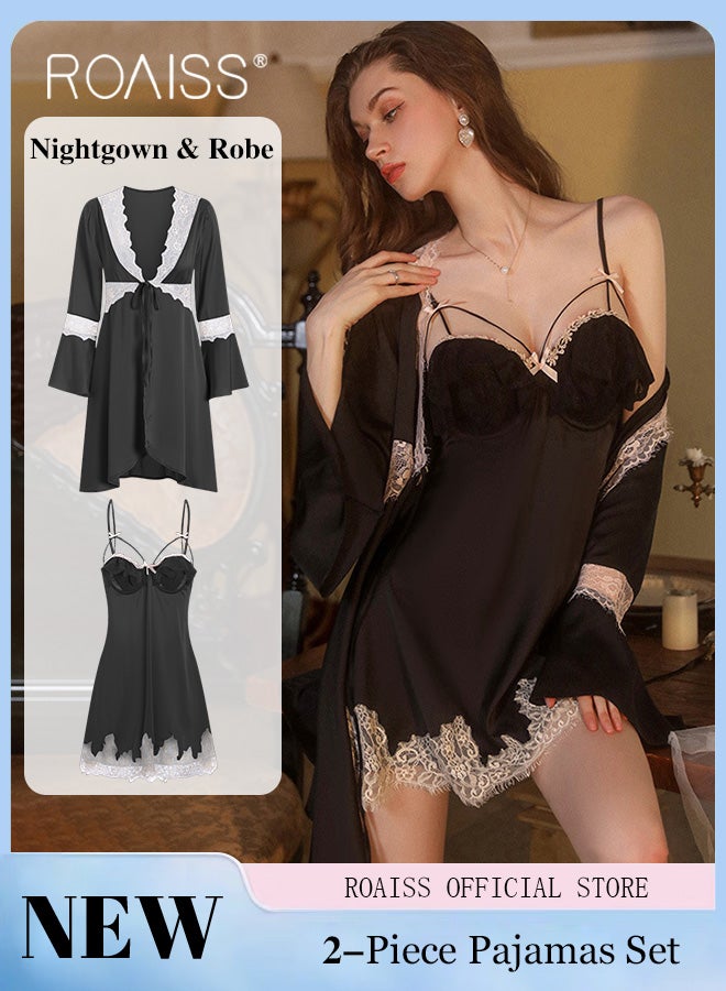2-Piece Set of Women Pajamas with V-Neck Design Women Home Wear Set Same Color Outer Robe and Lace Element Nightgown