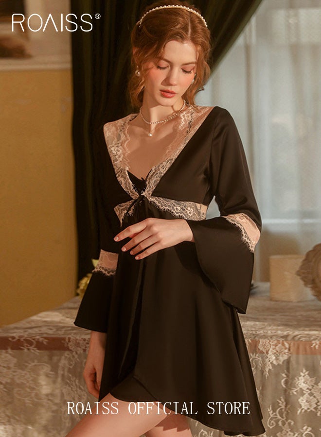 2-Piece Set of Women Pajamas with V-Neck Design Women Home Wear Set Same Color Outer Robe and Lace Element Nightgown