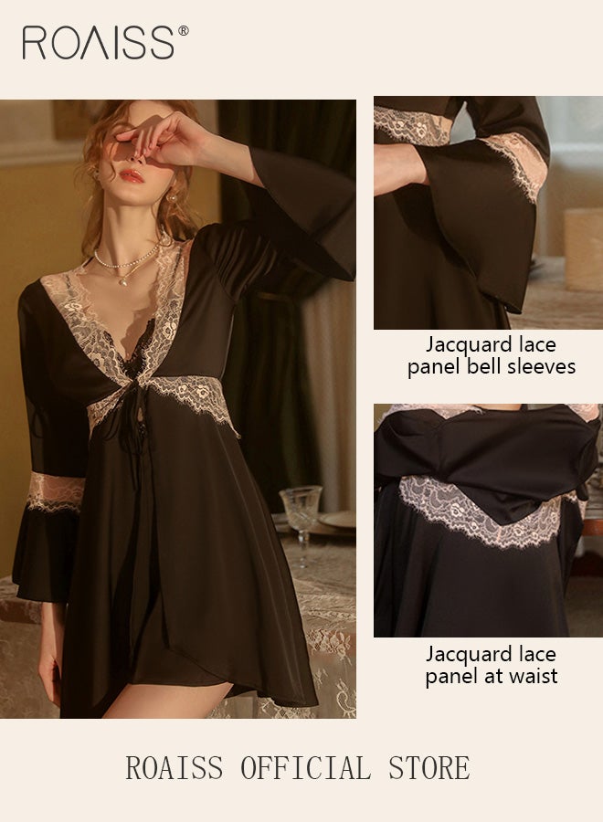 2-Piece Set of Women Pajamas with V-Neck Design Women Home Wear Set Same Color Outer Robe and Lace Element Nightgown