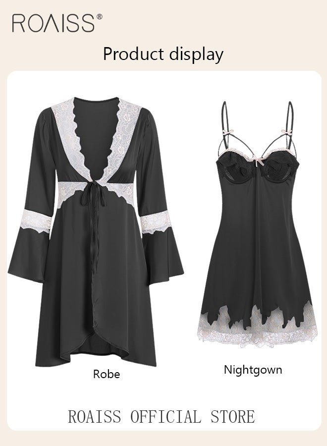 2-Piece Set of Women Pajamas with V-Neck Design Women Home Wear Set Same Color Outer Robe and Lace Element Nightgown