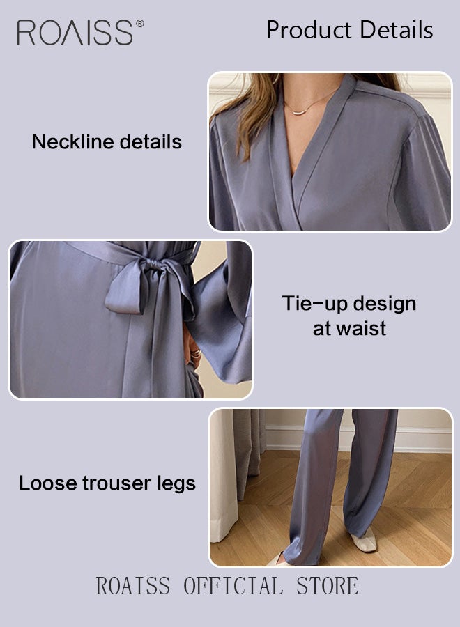 2 Piece Women Loungewear Set Solid Color Tie Waist Cardigan Robe Top and Relaxed Fit Straight Leg Pants Multifunctional Home Set Versatile for both Home and Outdoor Wear