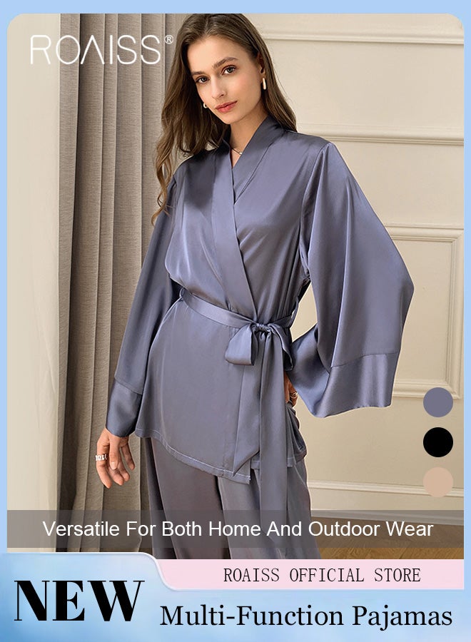 2 Piece Women Loungewear Set Solid Color Tie Waist Cardigan Robe Top and Relaxed Fit Straight Leg Pants Multifunctional Home Set Versatile for both Home and Outdoor Wear