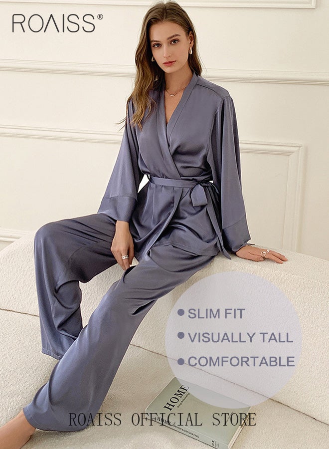 2 Piece Women Loungewear Set Solid Color Tie Waist Cardigan Robe Top and Relaxed Fit Straight Leg Pants Multifunctional Home Set Versatile for both Home and Outdoor Wear