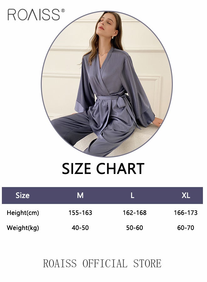 2 Piece Women Loungewear Set Solid Color Tie Waist Cardigan Robe Top and Relaxed Fit Straight Leg Pants Multifunctional Home Set Versatile for both Home and Outdoor Wear