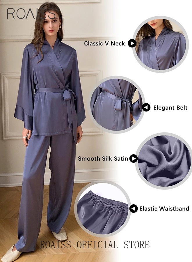 2 Piece Women Loungewear Set Solid Color Tie Waist Cardigan Robe Top and Relaxed Fit Straight Leg Pants Multifunctional Home Set Versatile for both Home and Outdoor Wear