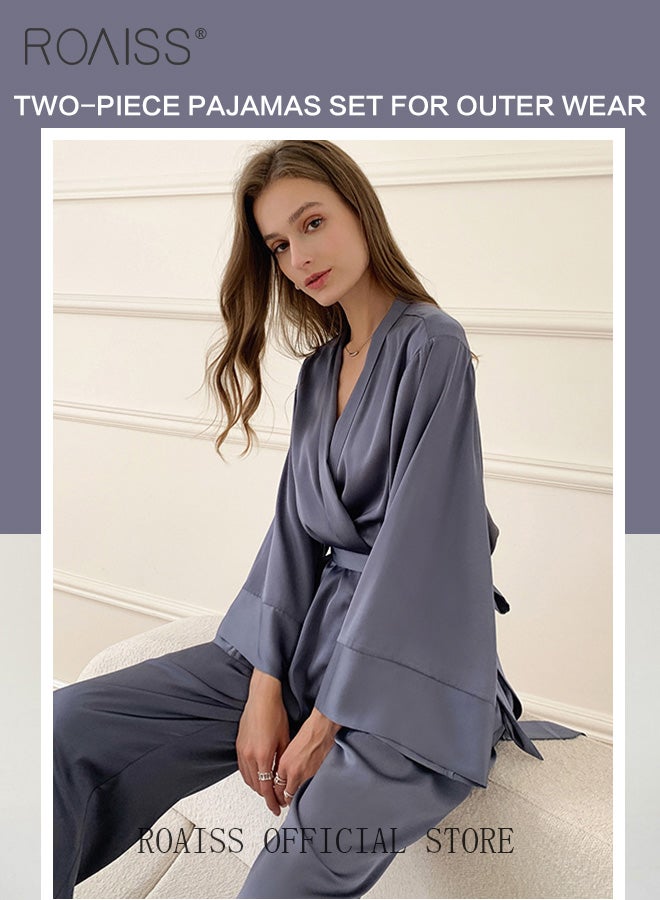 2 Piece Women Loungewear Set Solid Color Tie Waist Cardigan Robe Top and Relaxed Fit Straight Leg Pants Multifunctional Home Set Versatile for both Home and Outdoor Wear