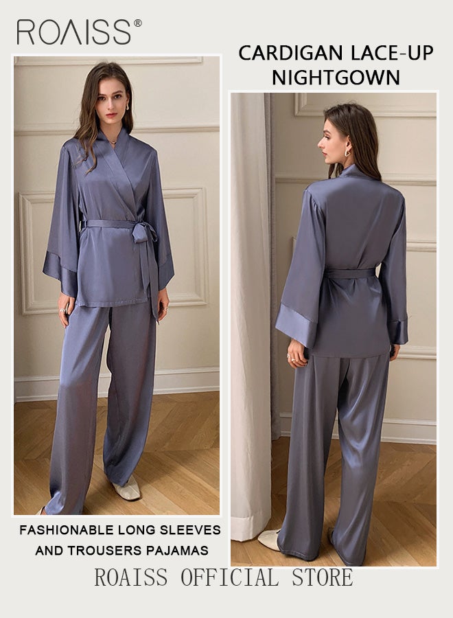 2 Piece Women Loungewear Set Solid Color Tie Waist Cardigan Robe Top and Relaxed Fit Straight Leg Pants Multifunctional Home Set Versatile for both Home and Outdoor Wear