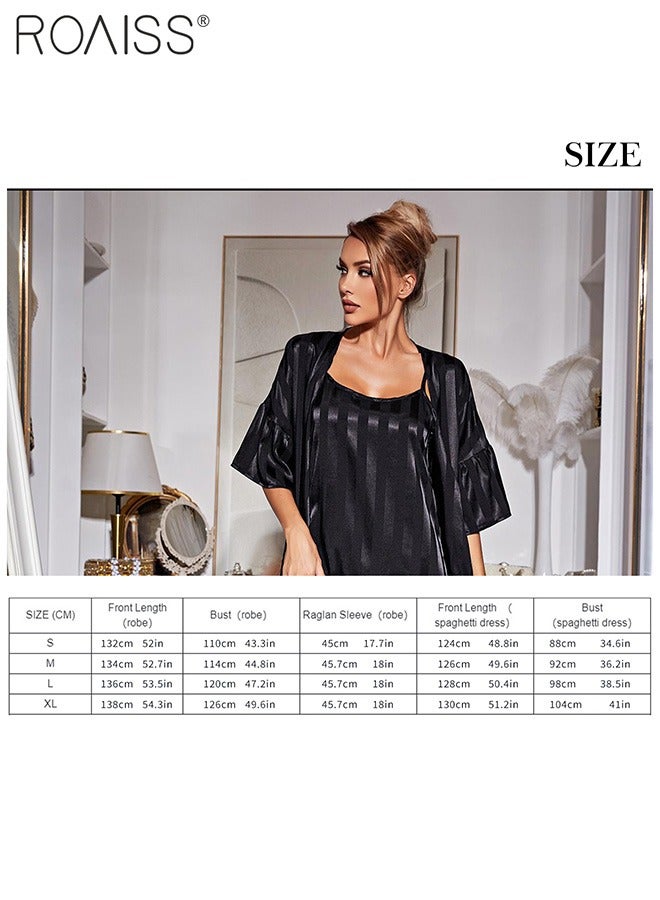 2-Piece Women'S Striped Pajamas Classic Round Neck Vertical Stripe And Ankle Length Suspender Nightgown 5 Sleeve Long Cardigan