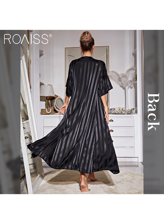 2-Piece Women'S Striped Pajamas Classic Round Neck Vertical Stripe And Ankle Length Suspender Nightgown 5 Sleeve Long Cardigan