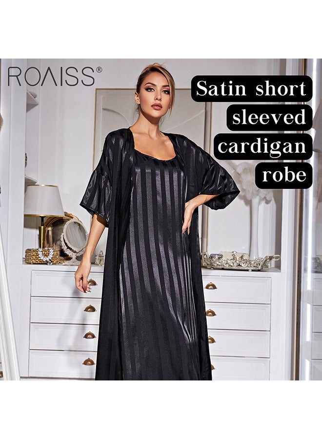 2-Piece Women'S Striped Pajamas Classic Round Neck Vertical Stripe And Ankle Length Suspender Nightgown 5 Sleeve Long Cardigan
